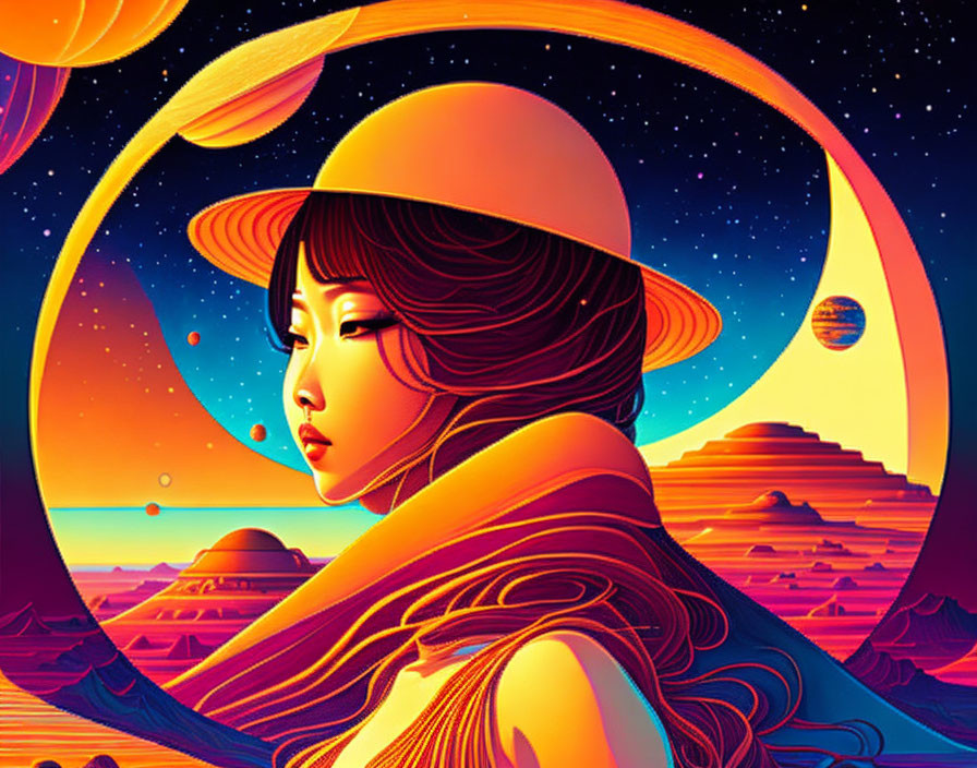 Stylized sci-fi landscape with woman in hat, planets, rings, and dunes