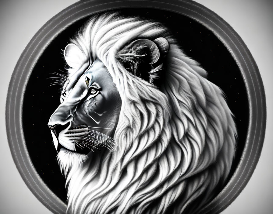 Detailed Monochromatic Lion Head Artwork with Starry Background & Silver Ring