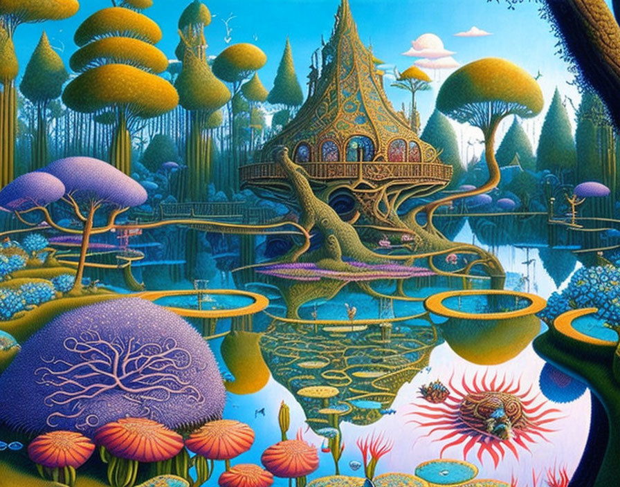 Fantastical landscape with mushroom-like trees and colorful underwater ecosystem.