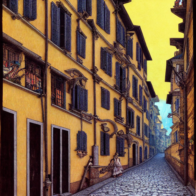 Colorful European cobblestone street with yellow buildings and pedestrian.