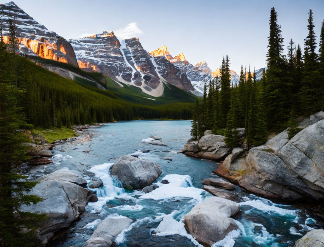 Scenic river with rocky bed, evergreens, and snow-capped mountains at twilight