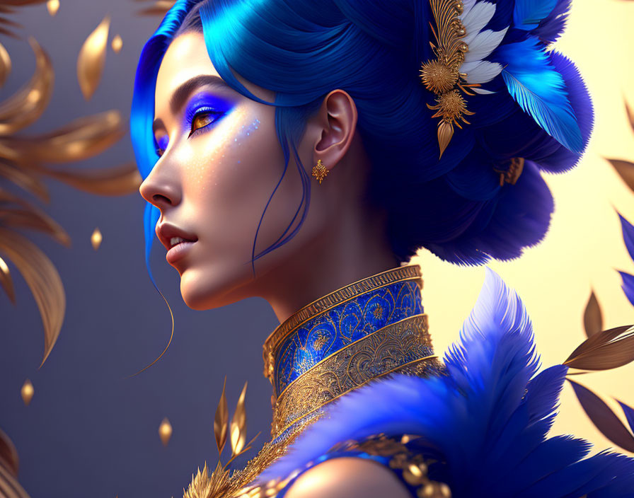 Woman with Blue Hair, Feathers, Gold Jewelry on Golden Background