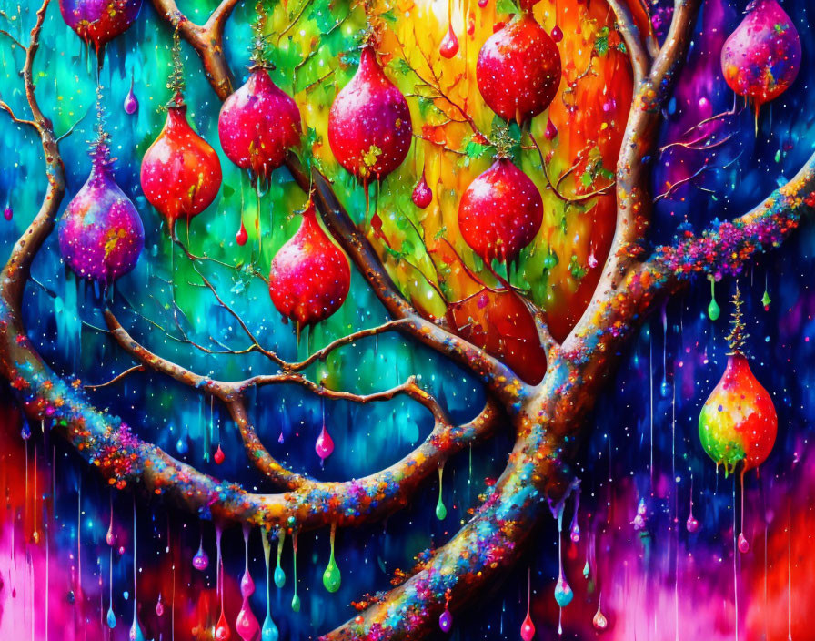 Colorful painting of whimsical tree with multicolored leaves and surreal fruits on blue and orange backdrop