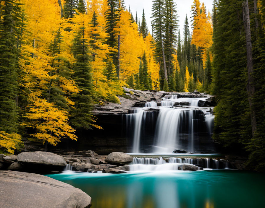 Tranquil waterfall surrounded by autumn trees and evergreens