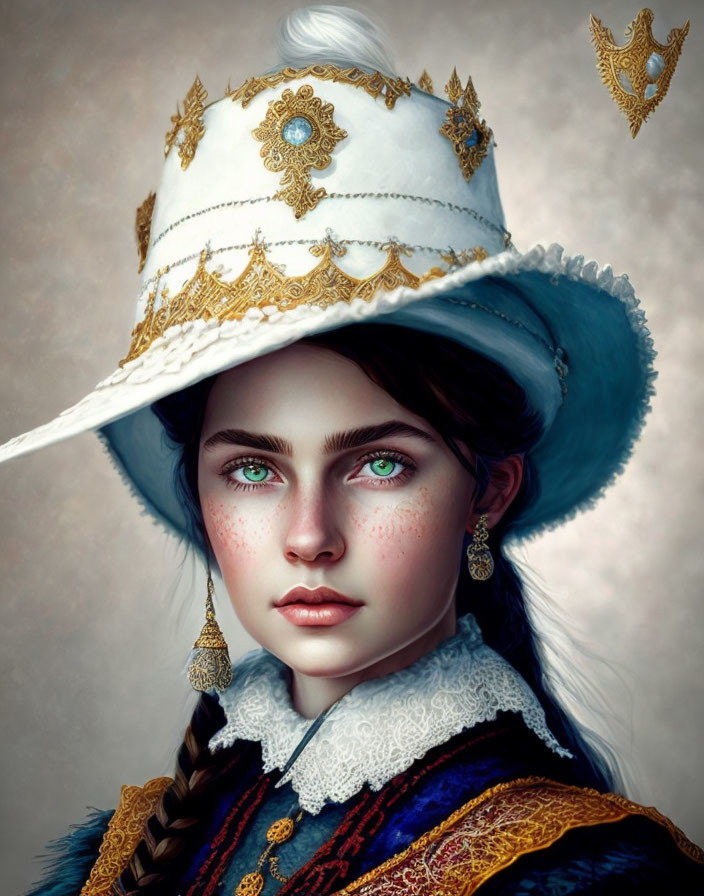 Young woman portrait: green-eyed, white hat with gold trim, blue accents, ornate earrings,