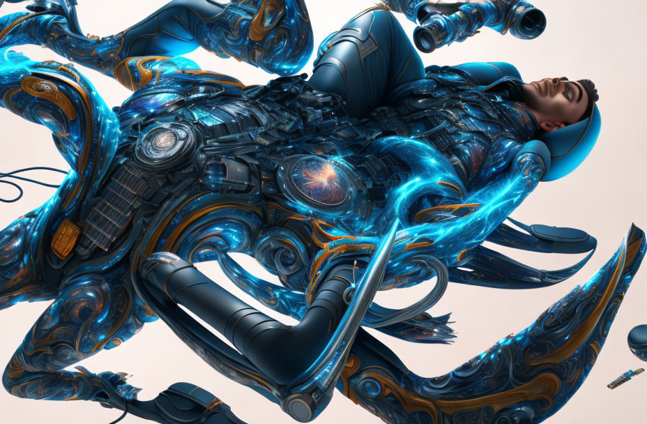 Futuristic female android in blue and black armor with swirling energy and mechanical tendrils