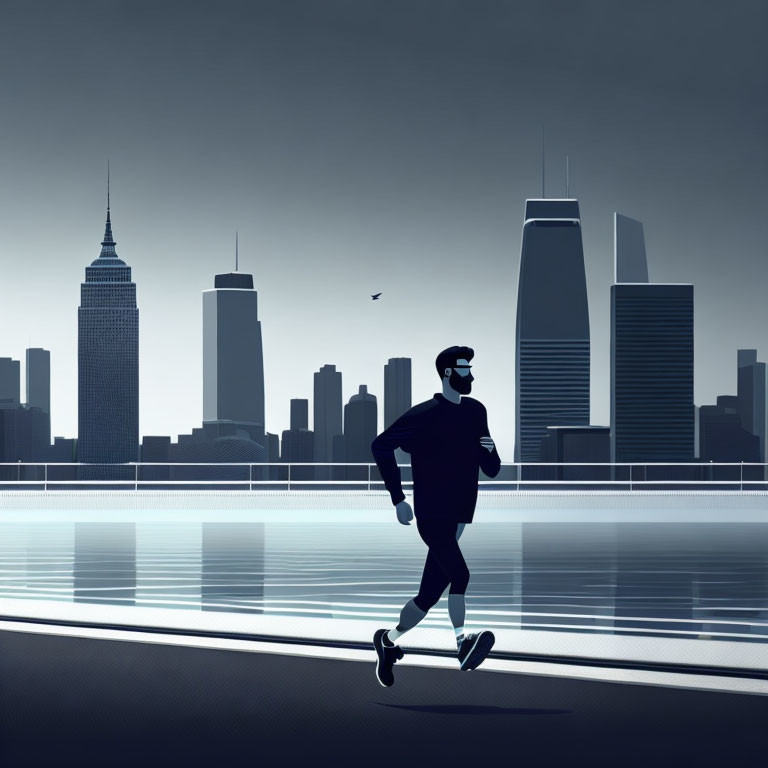 Man jogging by waterfront with city skyline and birds in gradient sky