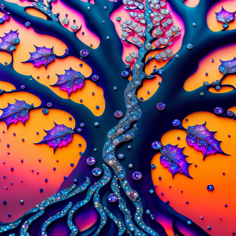 Vibrant abstract art: Fluid tree-like design with sparkling spheres on blue-orange gradient