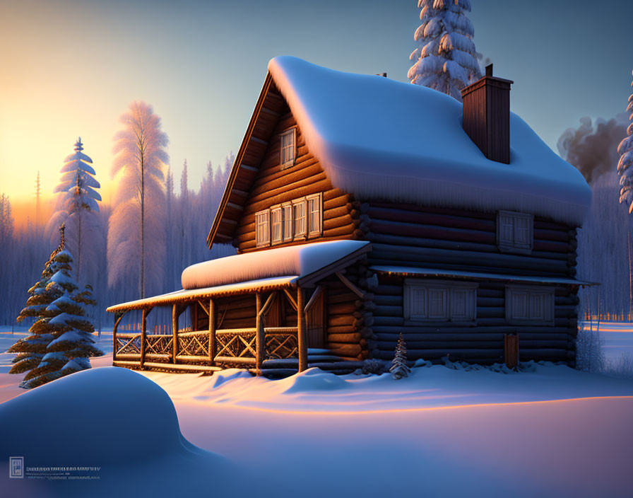 Snowy Winter Scene: Cozy Cabin Among Frosty Trees