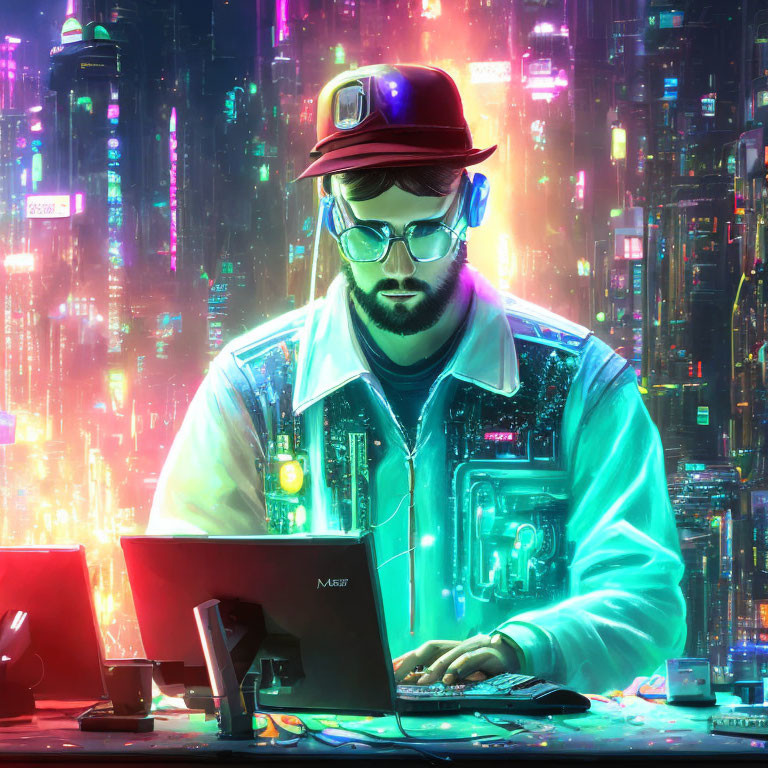 Man with Cap and Glasses Working on Laptop in Neon-lit Futuristic Cityscape