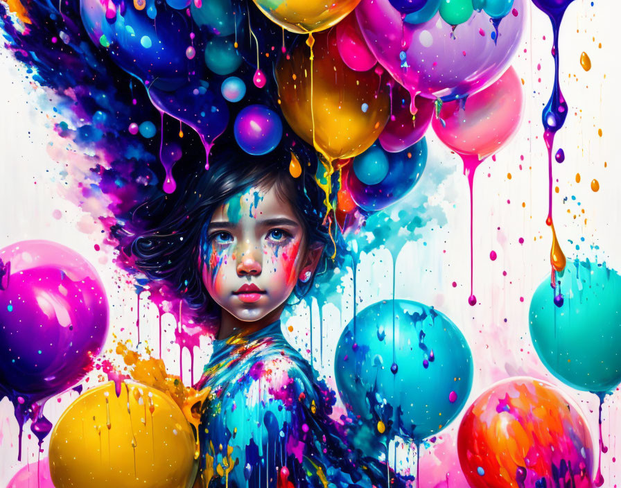 Colorful painting of a child with paint splashes and balloons