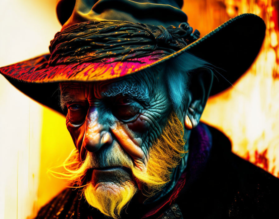 Elderly Man in Black Hat with Weathered Face on Textured Background