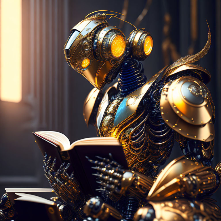 Detailed humanoid robot in golden armor reading book in industrial setting