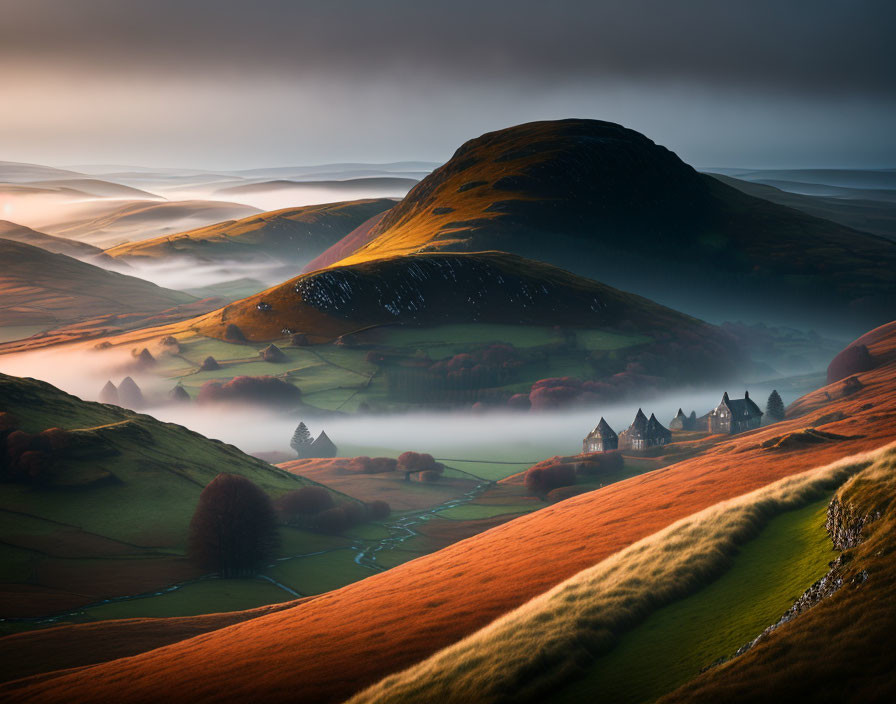 Tranquil landscape with rolling hills, village, trees, mist, soft sunlight