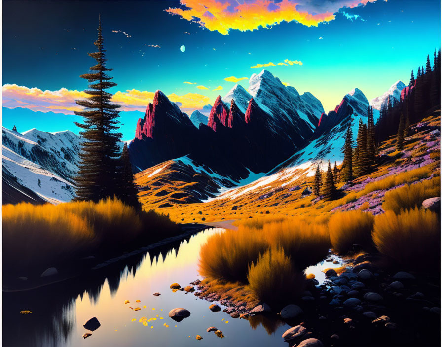 Colorful digital artwork of serene mountain landscape at dusk