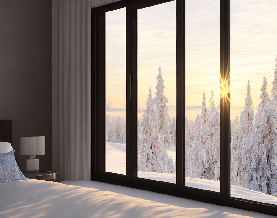 Cozy Bedroom Interior with Large Window and Winter Sunrise View