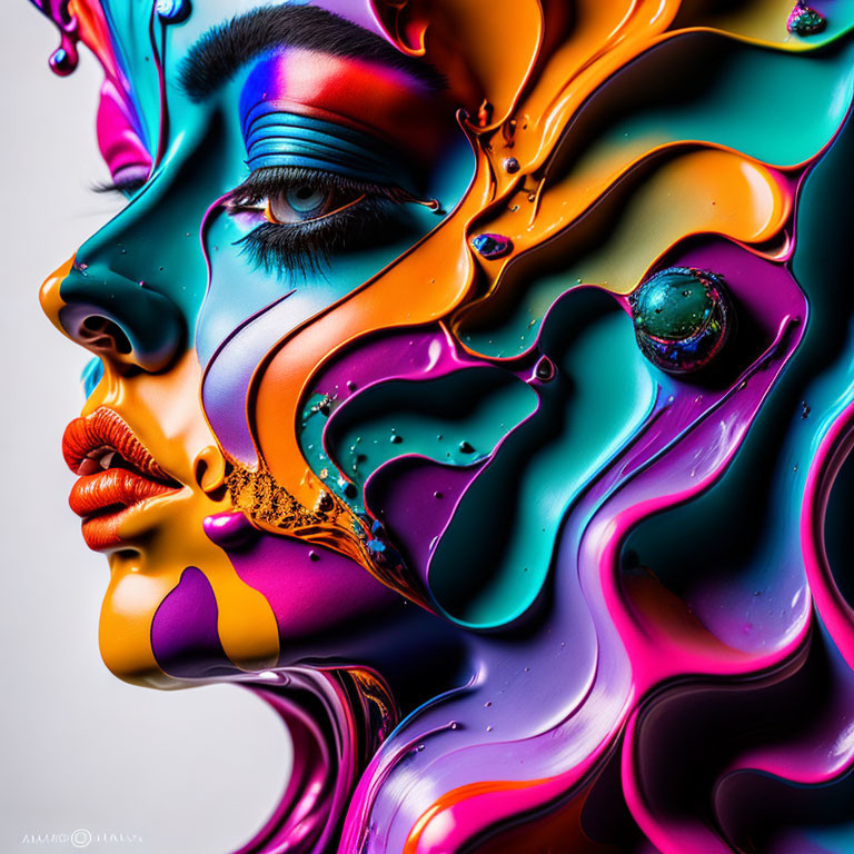 Vibrant liquid-like patterns on a woman's portrait