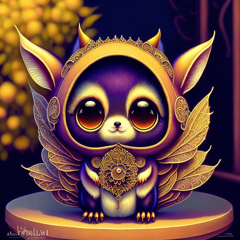 Whimsical creature with large eyes and golden wings on pedestal