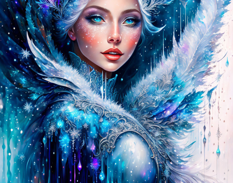 Fantastical woman with frosty blue feathers and icy allure.