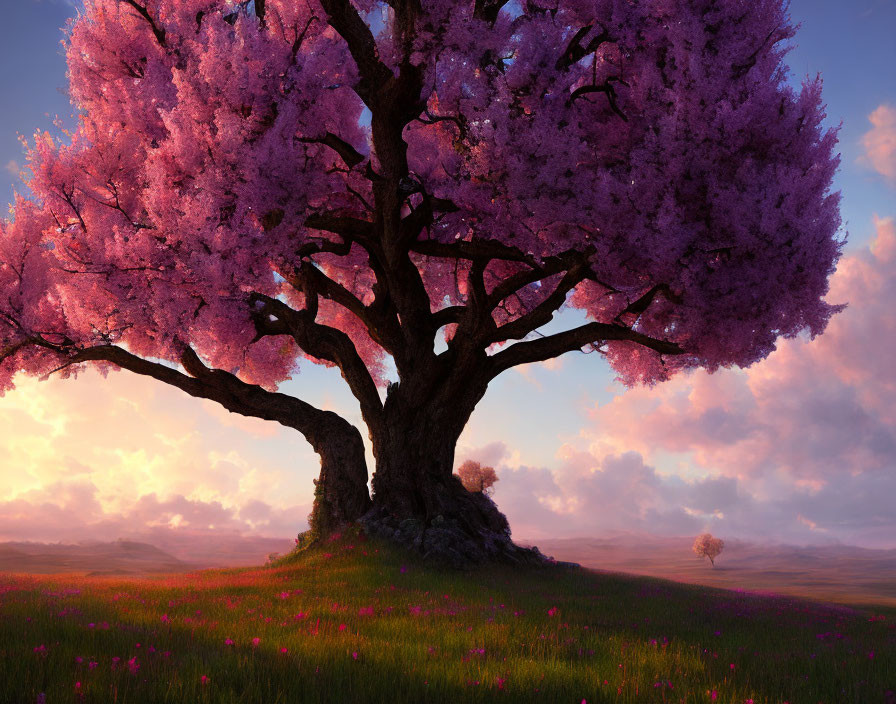 Majestic cherry blossom tree in full bloom on grassy hill at sunset