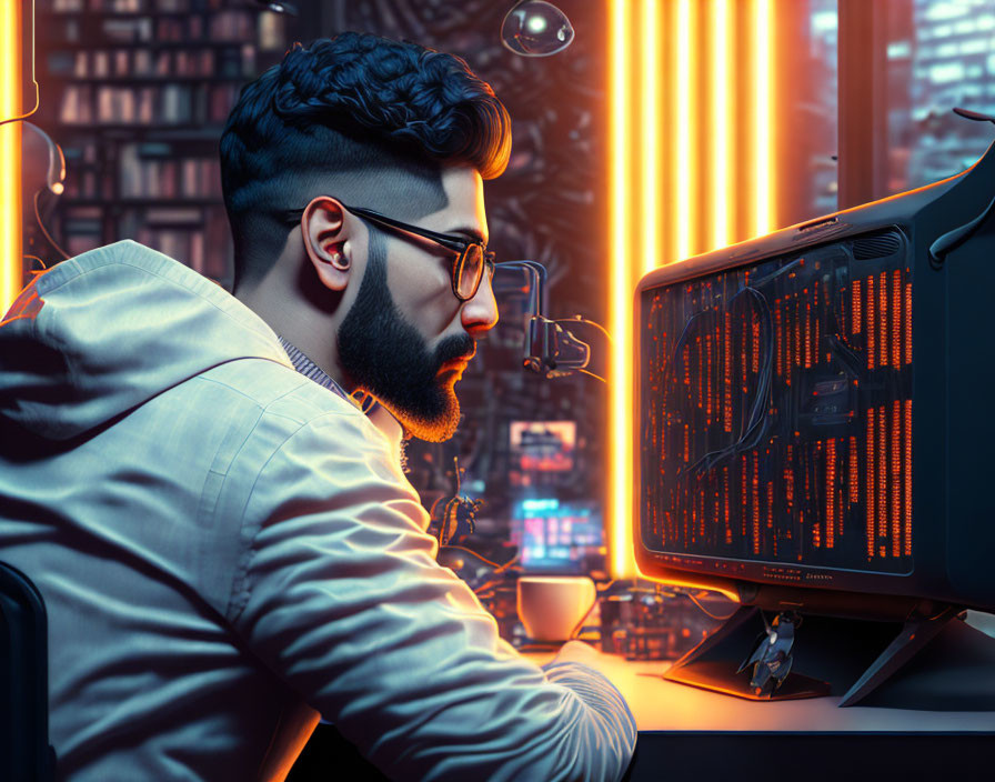 Bearded man with glasses staring at glowing computer screen