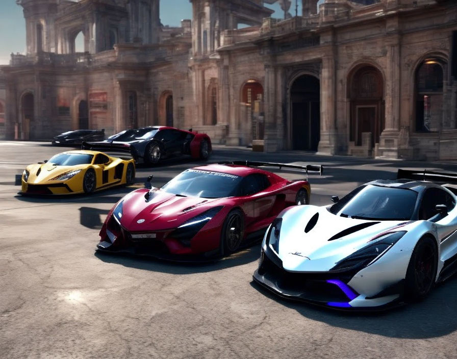 Three high-performance sports cars in front of classical building with grand architecture