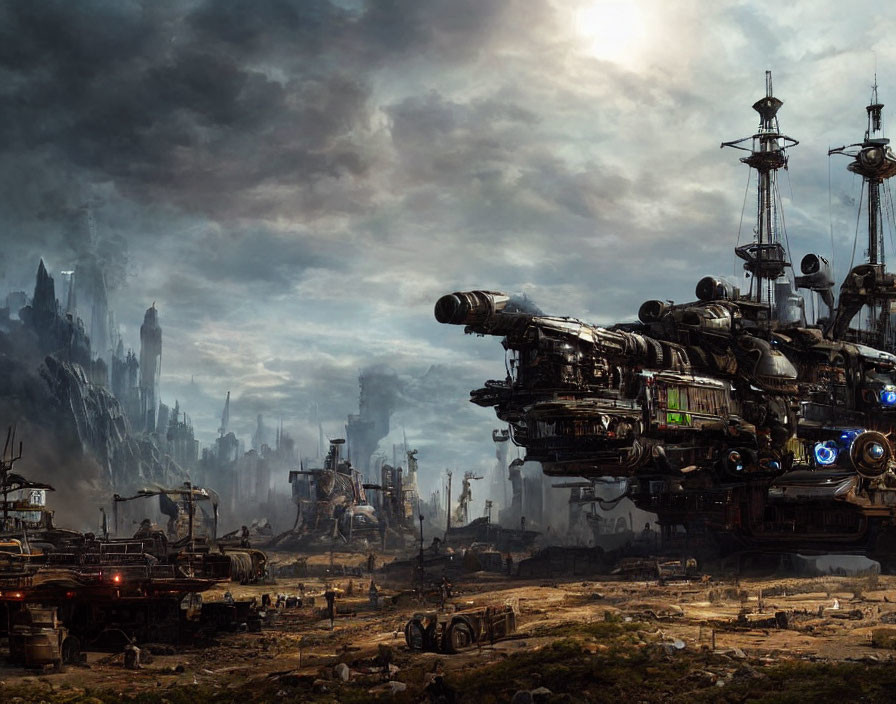 Dystopian landscape with industrial machines and skyscrapers