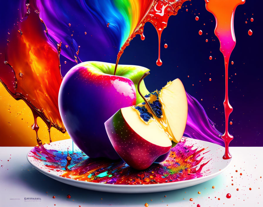 Sliced apple on plate with colorful paint splashes on vibrant backdrop