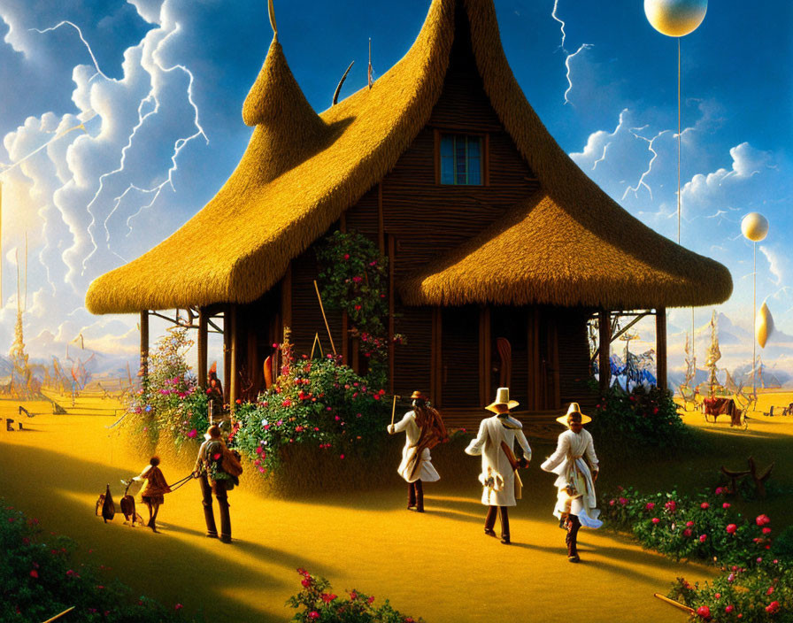 Whimsical Thatch-Roofed House with Victorian Figures and Glowing Orbs