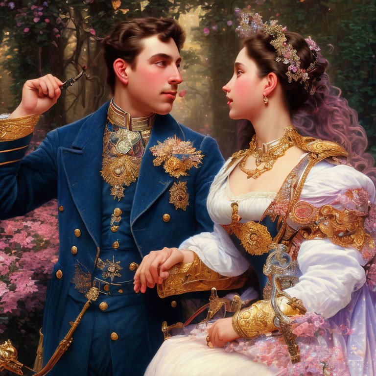 Man and woman in historical attire gaze affectionately in front of pink blossoms.