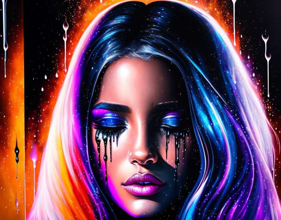 Vibrant digital portrait of a woman with blue and pink hair on cosmic backdrop