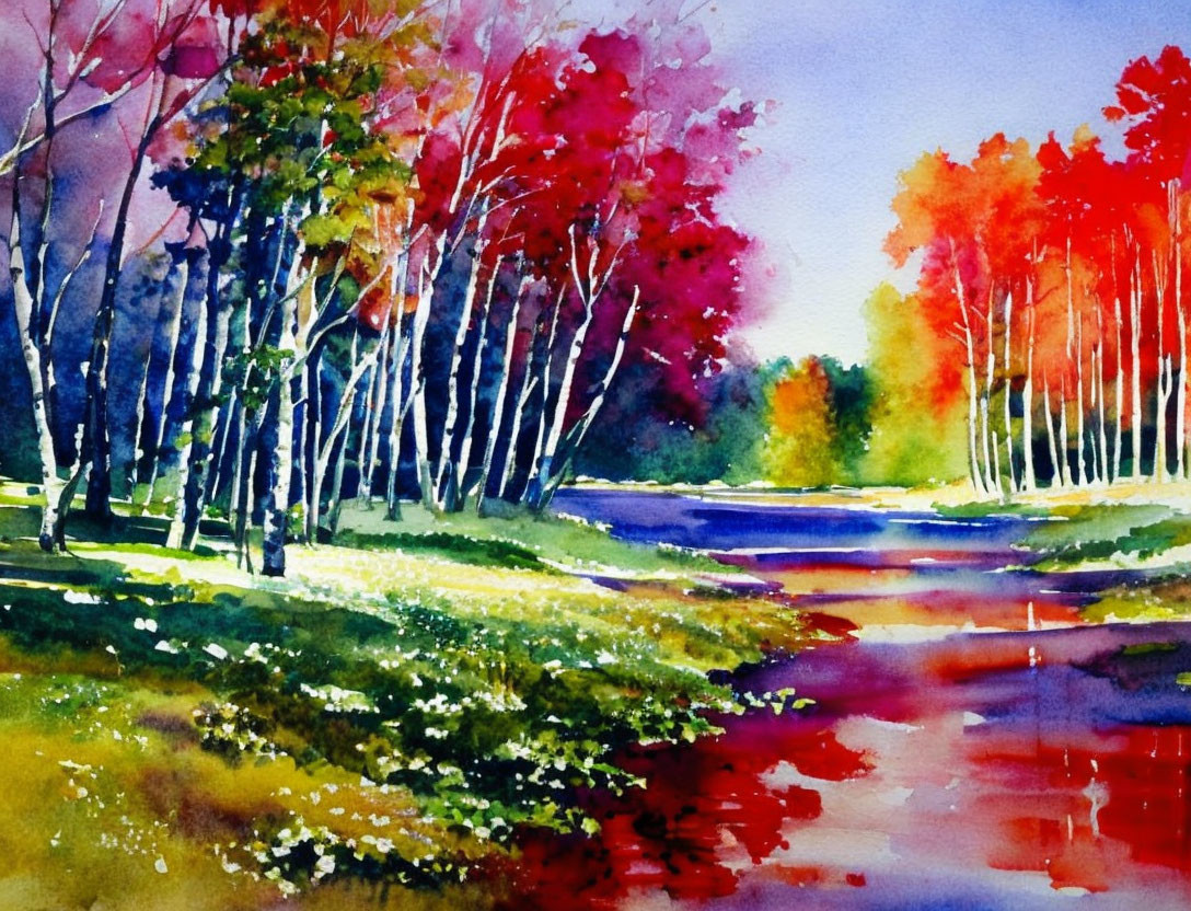 Serene forest landscape with river in vibrant watercolor