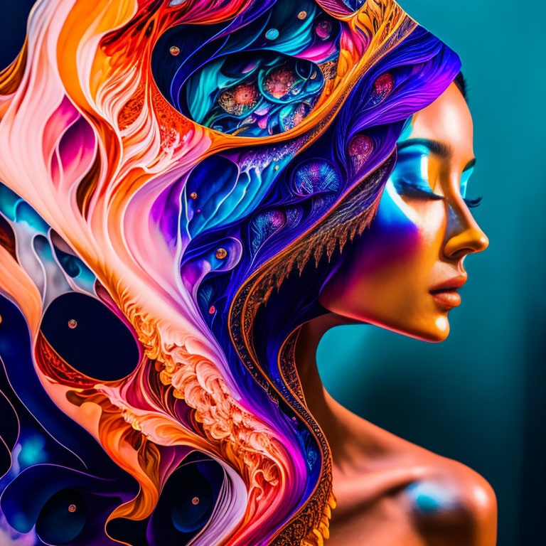 Colorful Abstract Digital Art: Woman's Profile with Vibrant Waves