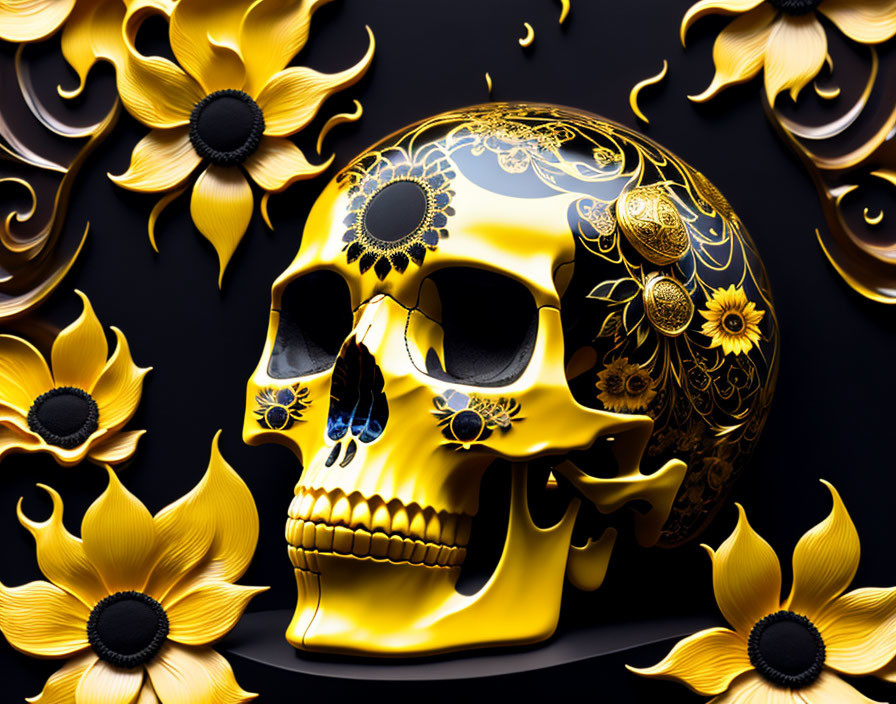 Golden Skull with Black Floral Patterns and Sunflowers on Dark Background