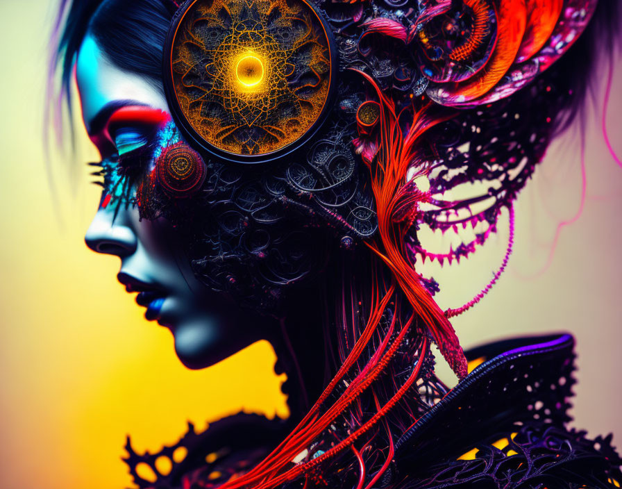 Colorful digital artwork: woman with mechanical elements and fractal pattern