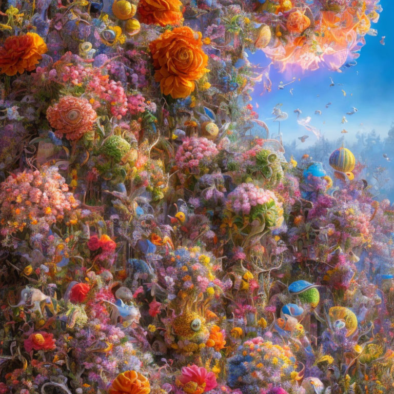 Vibrant digital artwork of dense floral landscape and hot air balloons