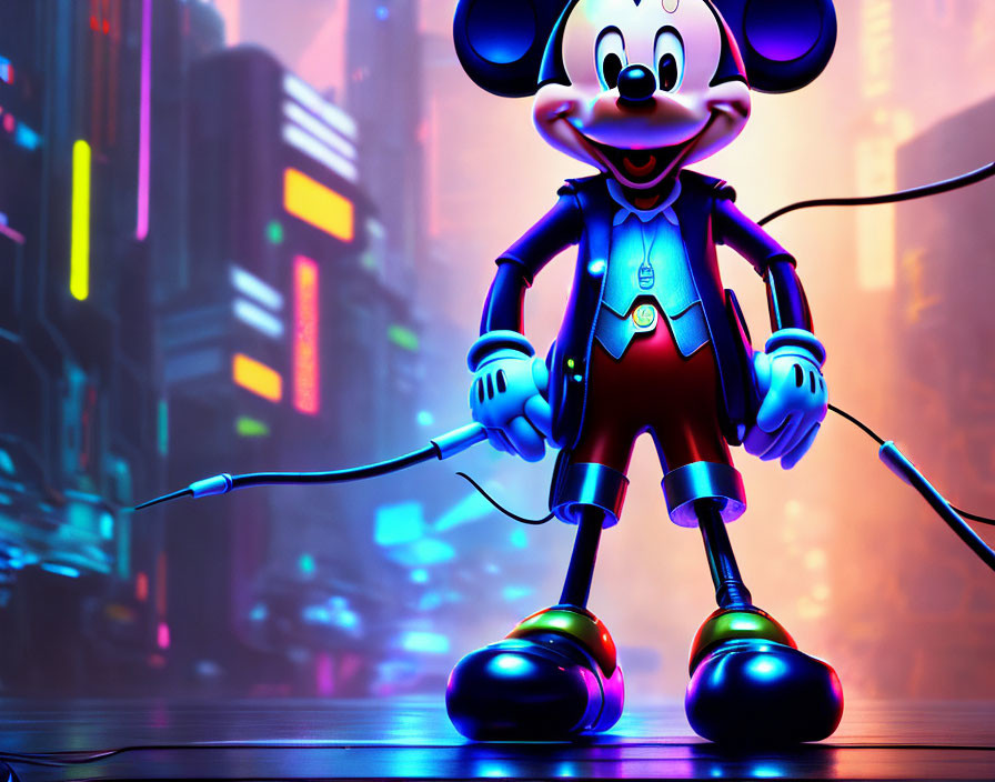 Futuristic cityscape with Mickey Mouse in neon lights