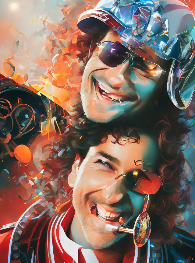 Colorful digital artwork of two men in party attire smiling, one above the other, with confetti