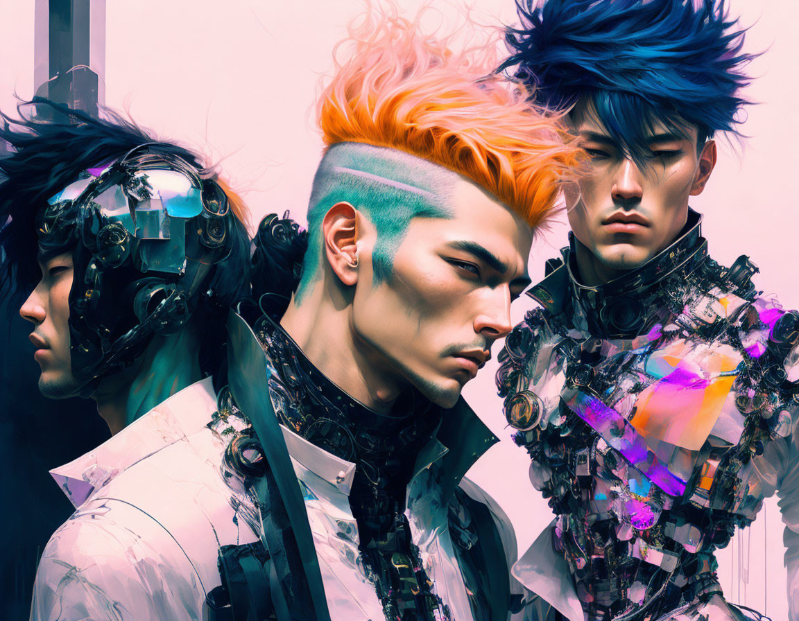 Futuristic cyberpunk individuals with vibrant hair, tech headgear, metallic attire