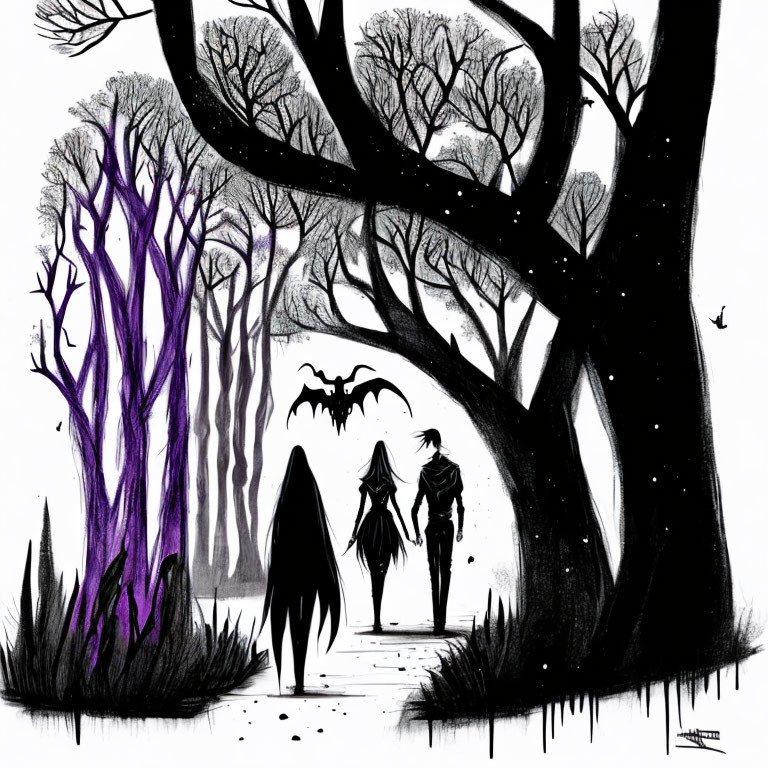 Monochrome fantasy landscape with silhouetted figures walking into a forest under a bat-filled sky.