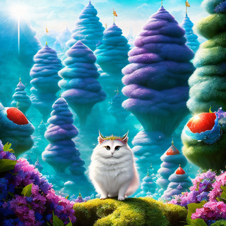 Fluffy white cat with crown in fantasy landscape with purple trees and colorful flowers