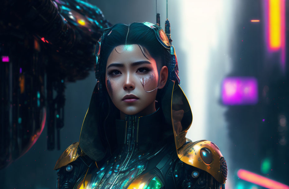 Futuristic female in cybernetic suit and headset in neon-lit cityscape