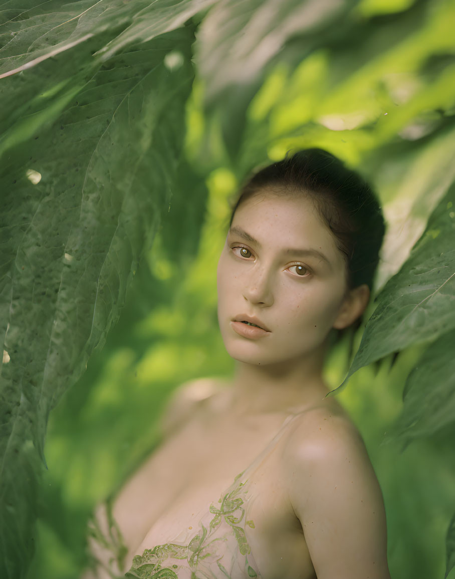 Woman in Lace Dress Peering Through Green Leaves in Sunlight