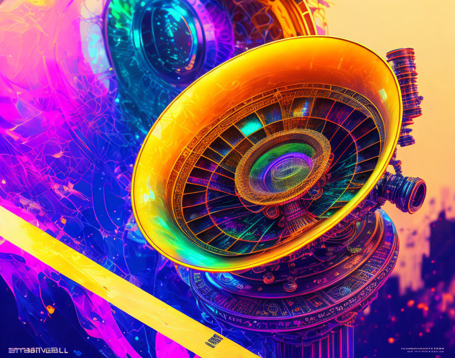 Colorful Futuristic Mechanical Horn Illustration on Abstract Background