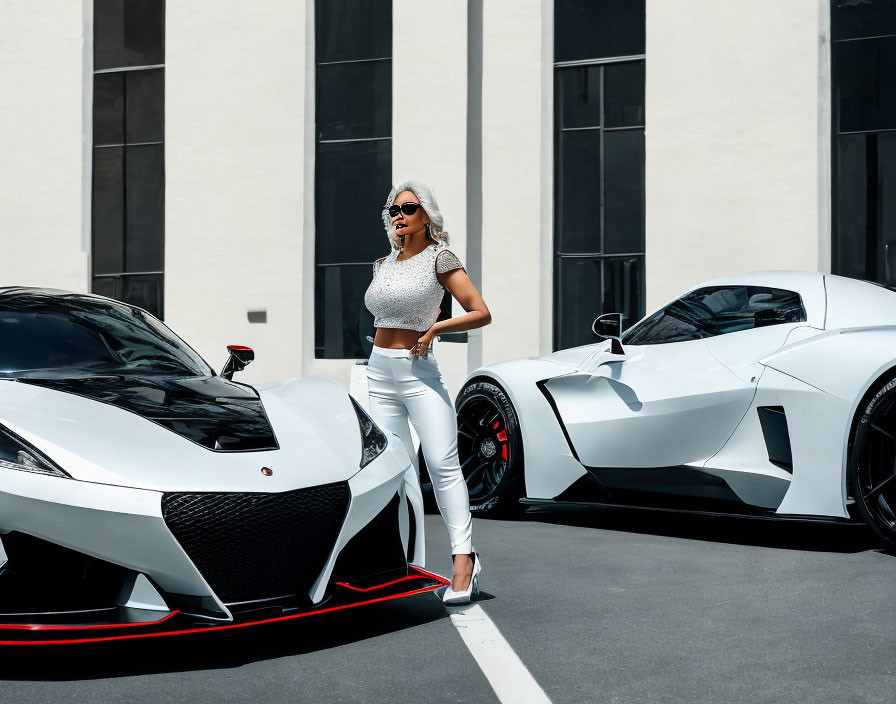 Stylish Woman in White Attire Between Luxury Cars and Building with Vertical Lines