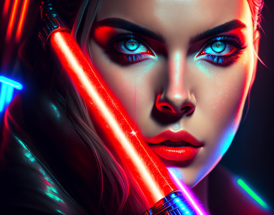 Portrait of woman with blue eyes holding red lightsaber under neon lights