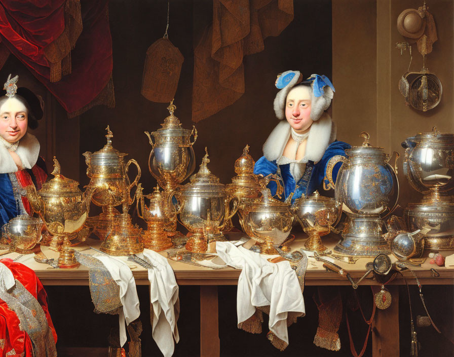 Historical attire individuals with ornate silver tableware and draped curtain