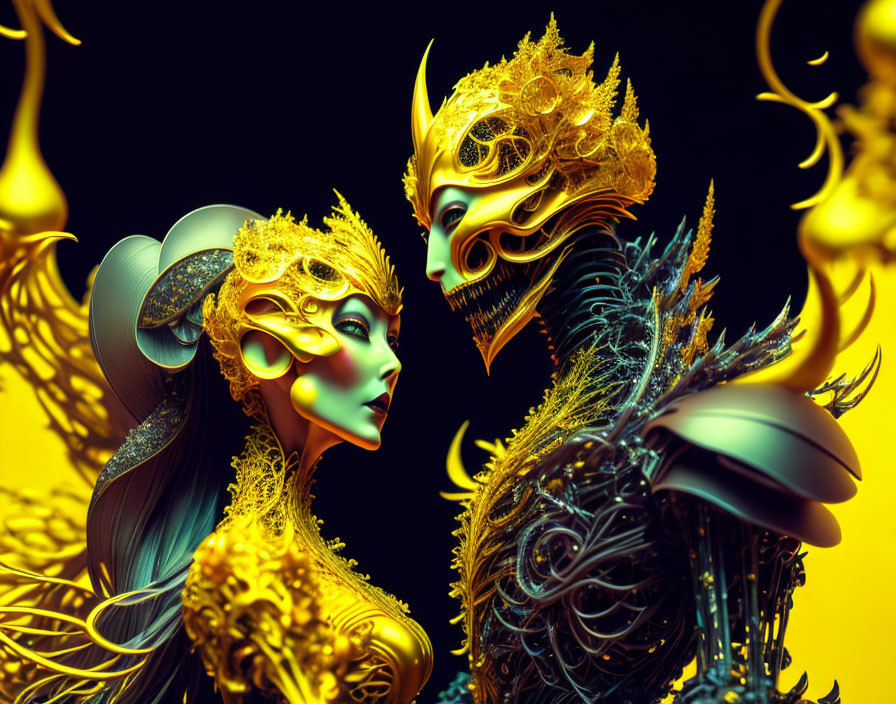 Ornate 3D characters with golden masks and headdresses in fiery setting