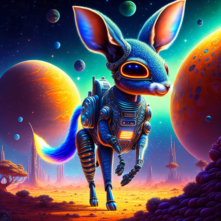 Cybernetic creature with fennec fox head on alien landscape