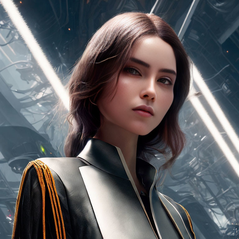 Detailed CG portrait of a woman with brown hair in futuristic black uniform against mechanical backdrop.